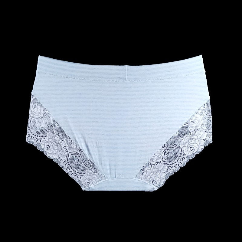 Mid Waist Self Stripe Cotton Brief With Lace