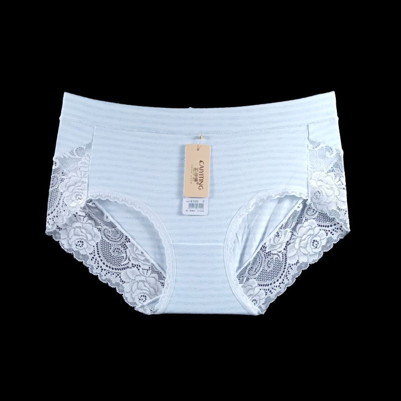 Mid Waist Self Stripe Cotton Brief With Lace